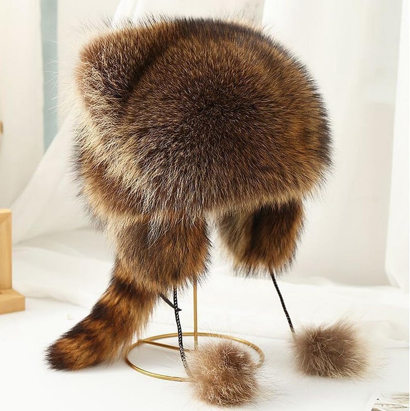 YJKIS Women Faux Fur Raccoon Tail Plush Hat Warm Winter Ear Protection Trapper Hat - Image 3